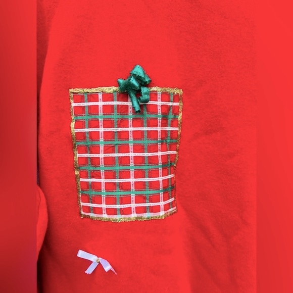 VTG 80s Red Ornamental Holiday Sweatshirt Dress w/Green gold plaid ruffle bottom - Picture 3 of 12